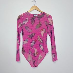 NWT Laser Kitten Mesh Sheer Long Sleeve Bodysuit Pink Fishnet with Praying Hands
